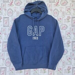 Gap 1969 Men's Blue Hoodie Sweatshirt Size Medium Fleece Logo Pullover Varsity